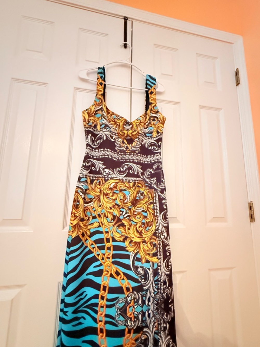 Marciano Turquoise, Black & Gold Chain-Print Sleeveless Maxi Dress - Picture 4 of 9